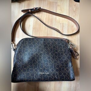 Calvin Klein Dark Brown Logo Crossbody with Tan Strap